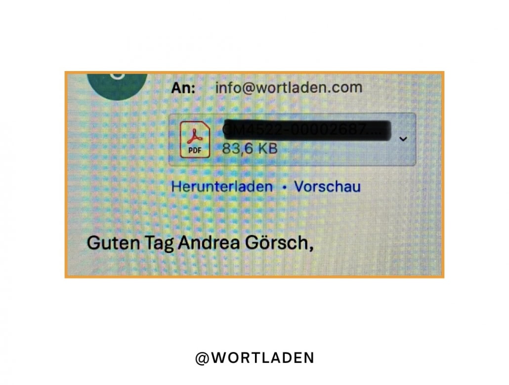 Screenshot, darauf steht: Guten Tag Andrea Görsch. Ein schönes Beispiel für geschlechtsneutrale Ansprache